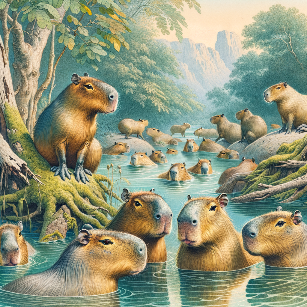 Group of Capybaras in their natural habitat, acting as water guardians and contributing to water quality conservation, aquatic life preservation, and overall environmental health.